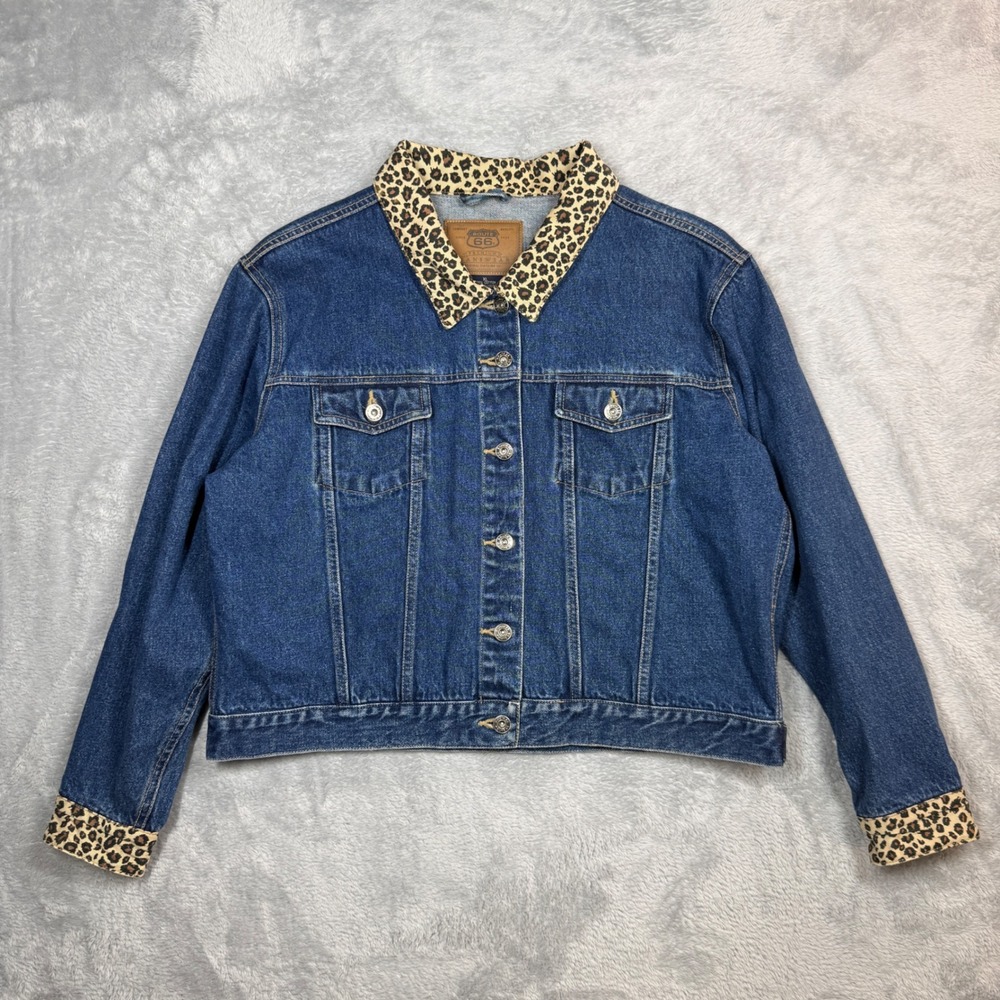 Route 66 Denim Jacket Womens XL Blue Leopard Print Trim Jean Y2K